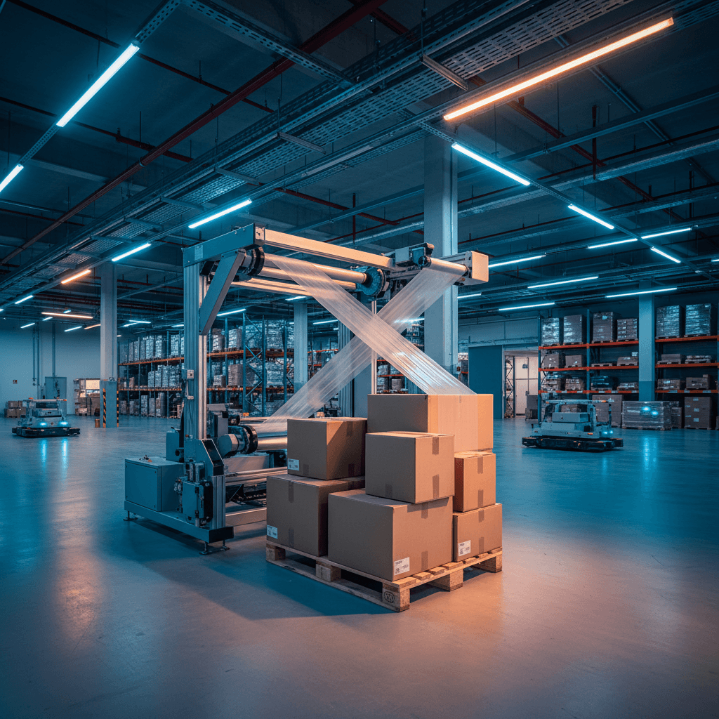 Modern automated pallet wrapping machine in a warehouse