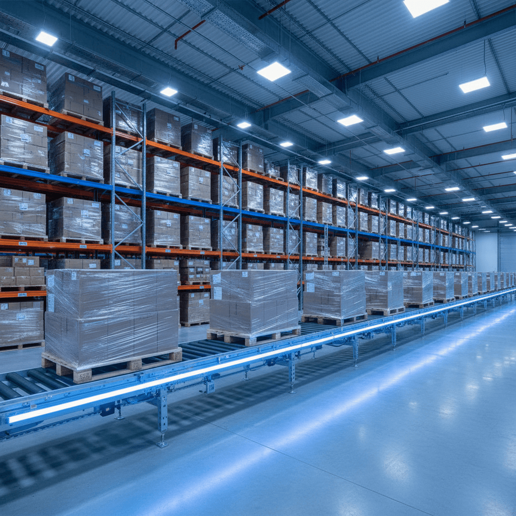 Modern distribution warehouse with wrapped pallets